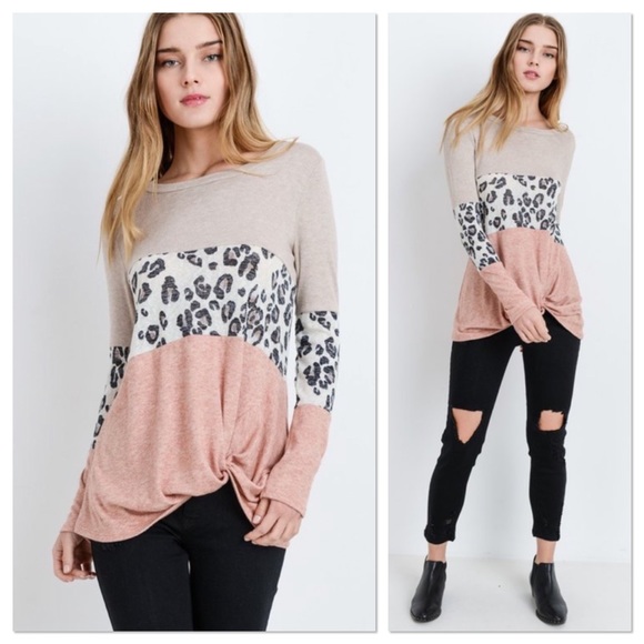 Lavender Moon Tops - Oatmeal Color Block Leopard Print Top